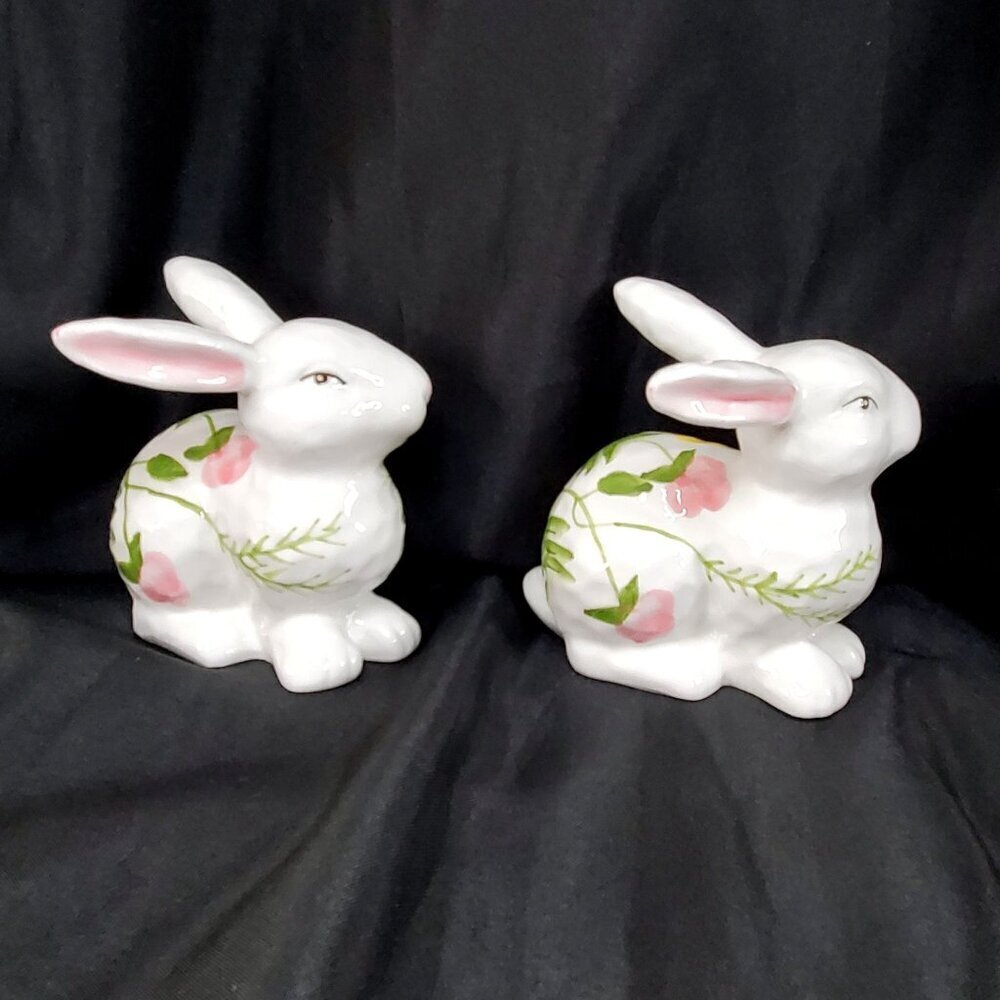 Ceramic Bunny Rabbit Figurines Spring Floral Design Decor Set Of 2 - Picture 6 of 10